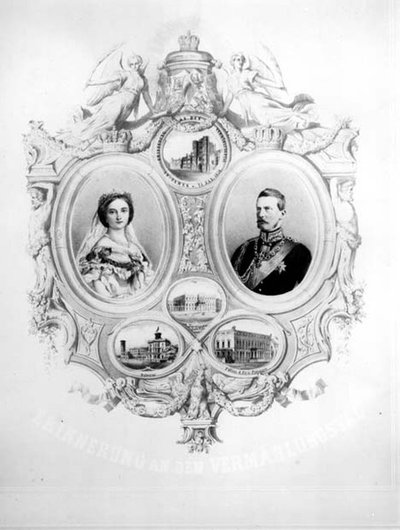 Souvenir van het huwelijk van Victoria, de Prinses Royal (1840-1901) en Kroonprins Frederik Willem van Pruisen (1831-88) 25 januari 1858 door German School